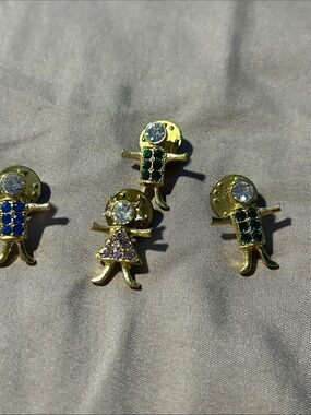 Vintage Gold-tone Children Brooch Set with Blue, Green and Pink Rhinestones